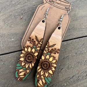 Jill’s Jewels – Oval Sunflower Engraved Hand painted Wood Earrings