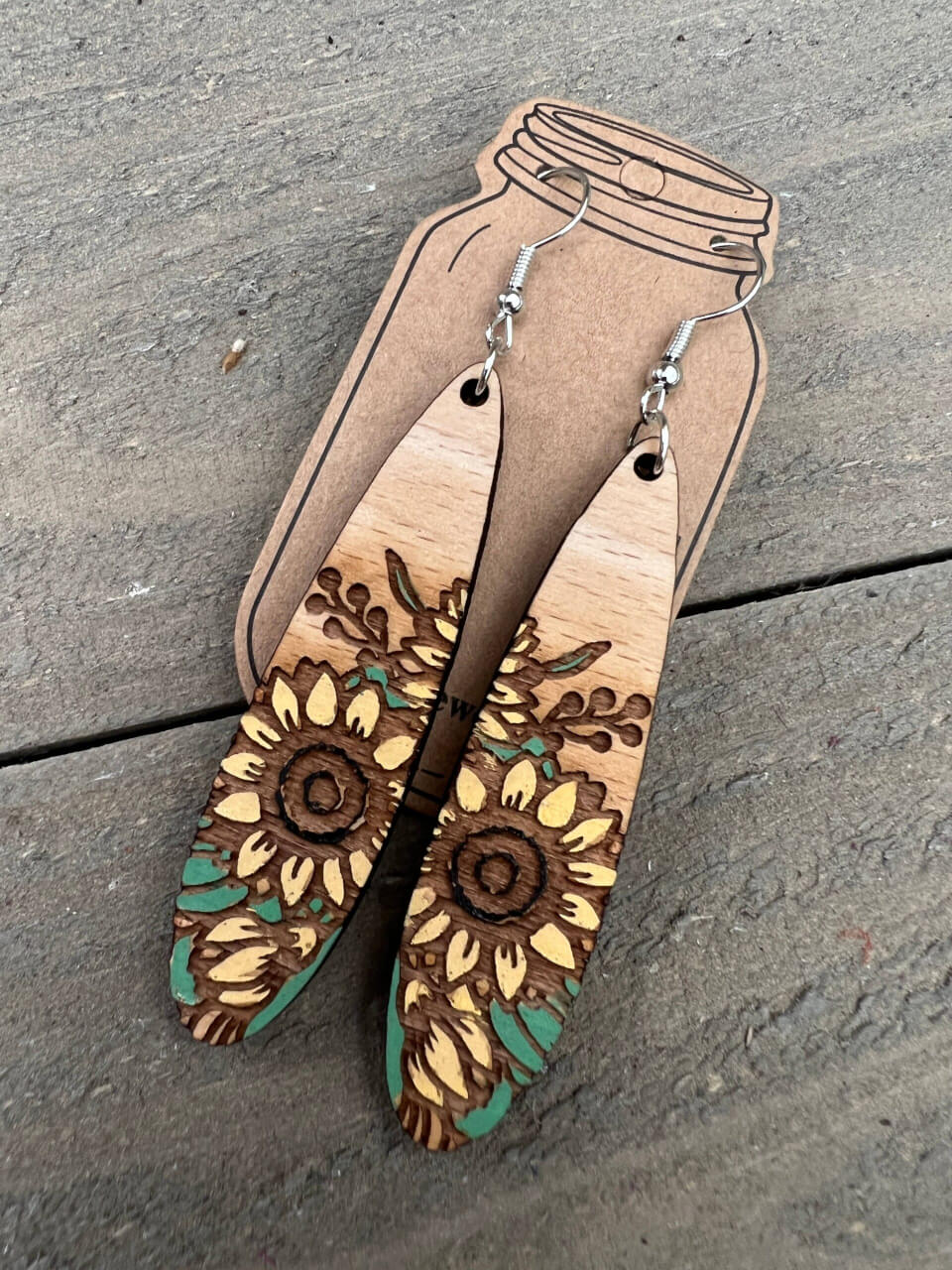 Jill's Jewels - Oval Sunflower Engraved Hand painted Wood Earrings