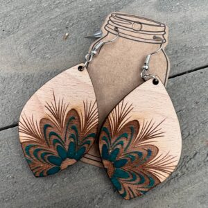 Jill’s Jewels – Teal Green Floral Engraved Hand painted Wood Earrings