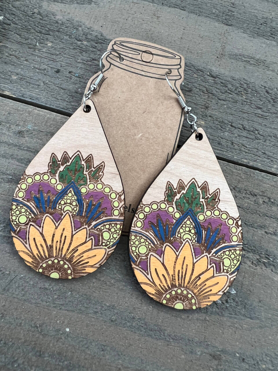 Jill's Jewels - Boho Flower Engraved Hand painted Wood Earrings