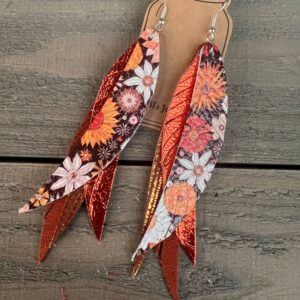 Jill’s Jewels – ORANGE BOHO FLORAL FRINGE FEATHER LEATHER EARRINGS