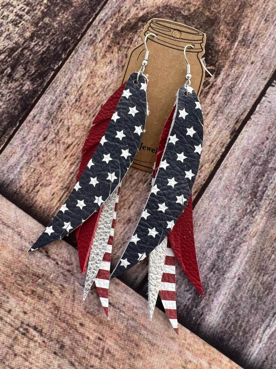 Jill's Jewels - RED WHITE & BLUE USA STACKED FRINGE FEATHER EARRINGS