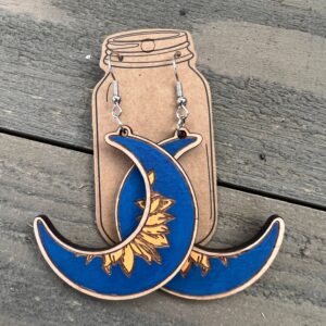 Jill’s Jewels – Blue Moon Sun Engraved Hand painted Wood Earrings