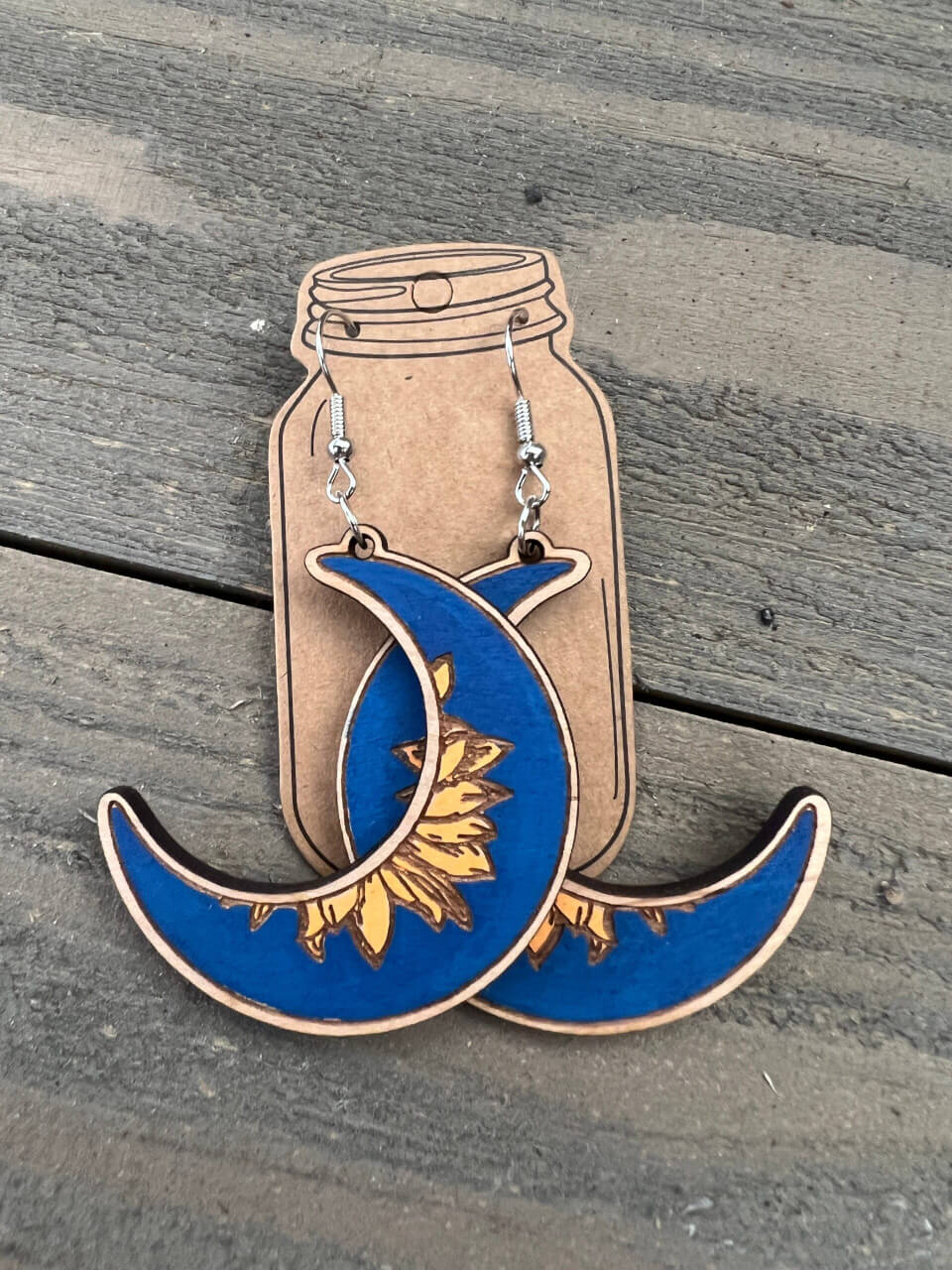 Jill's Jewels - Blue Moon Sun Engraved Hand painted Wood Earrings