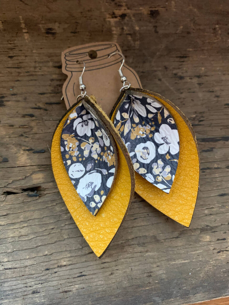 Jill's Jewels - Mustard and Blue Poppy Double Layered Leather Earrings
