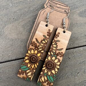 Jill’s Jewels – Rectangle Sunflower Engraved Hand painted Wood Earrings