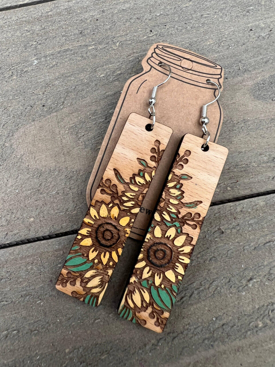 Jill's Jewels - Rectangle Sunflower Engraved Hand painted Wood Earrings