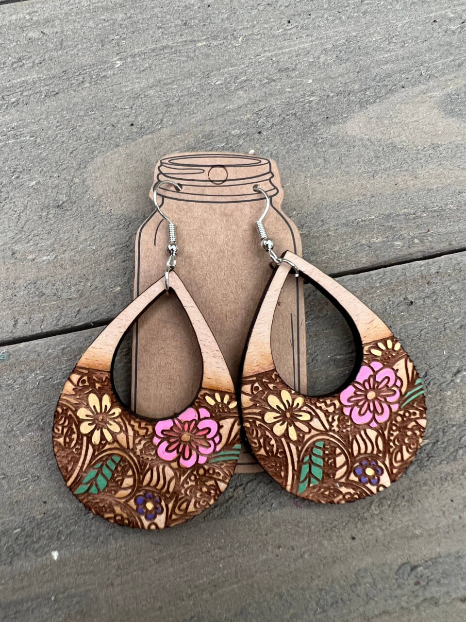 Jill's Jewels - Floral Engraved Hand painted Wood Earrings
