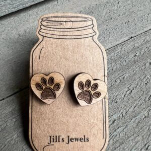 Jill’s Jewels – Wooden Dog Paw Heart Stud Earrings