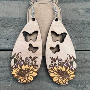 Jill’s Jewels – Butterfly Sunflower Cutout Hand painted Wood Earrings