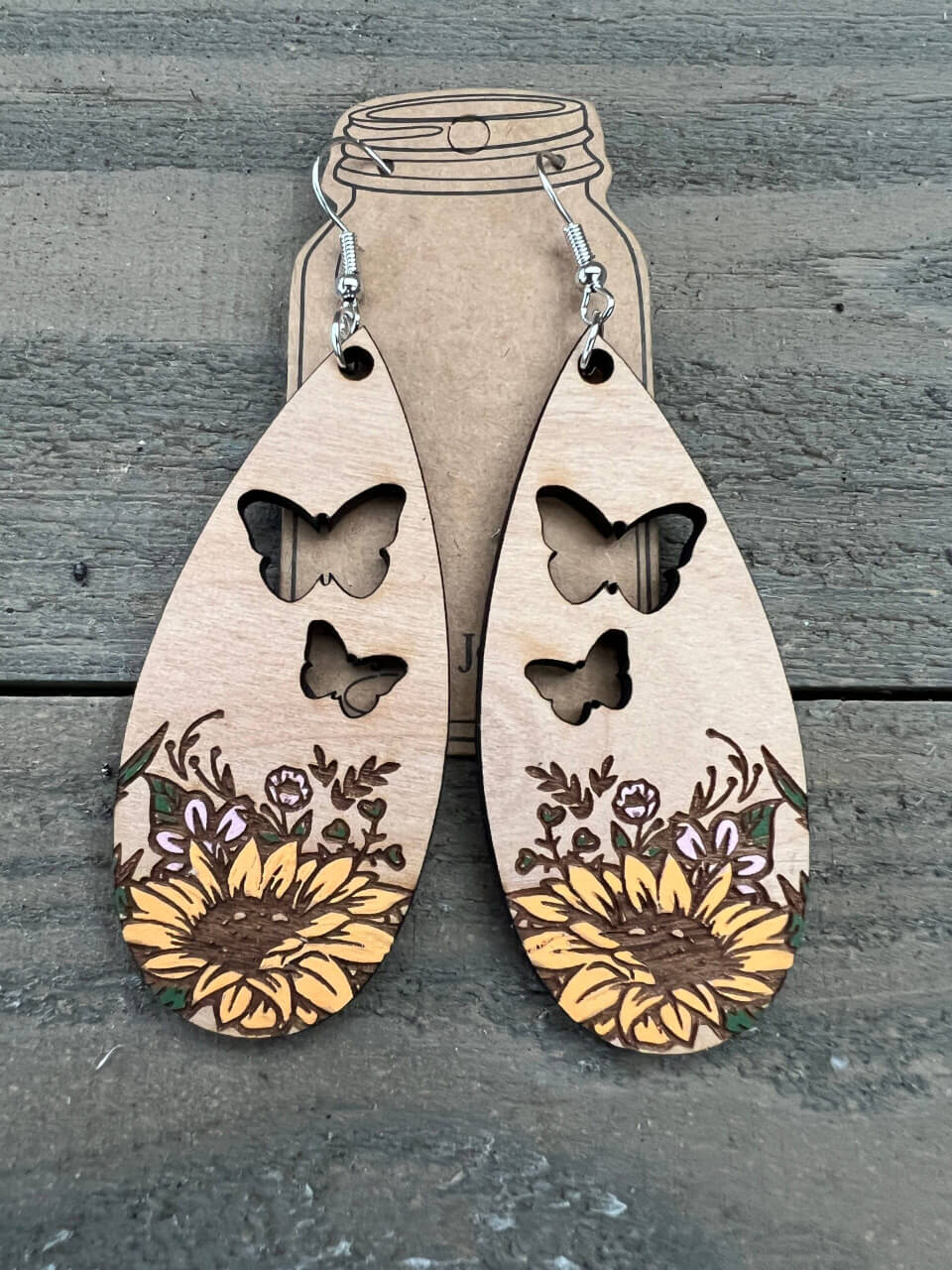 Jill's Jewels - Butterfly Sunflower Cutout Hand painted Wood Earrings