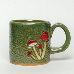 White Squirrel Clayworks – Mushroom Design Handmade, in Ohio, Ceramic Green 10oz Mug