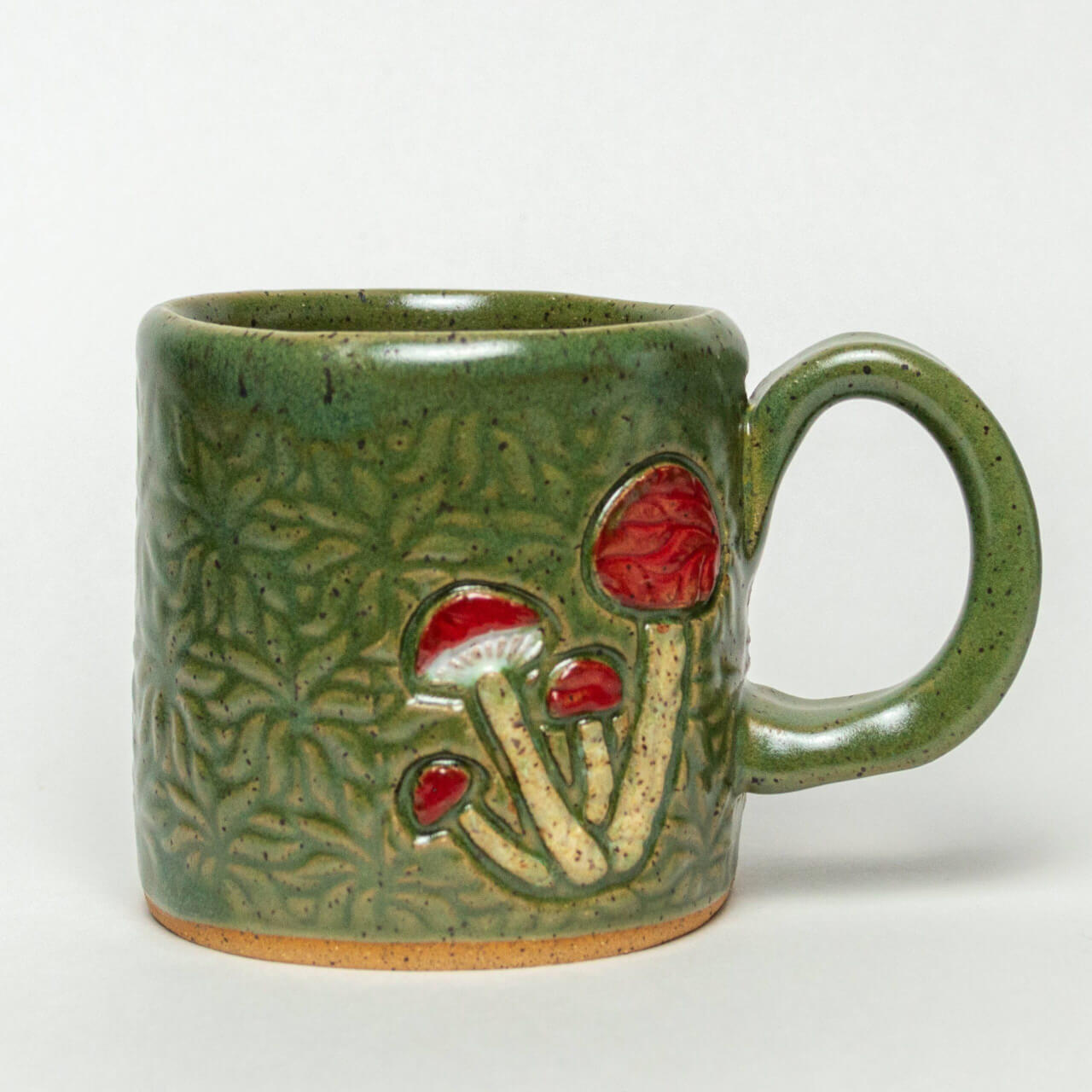 White Squirrel Clayworks - Mushroom Design Handmade, in Ohio, Ceramic Green 10oz Mug