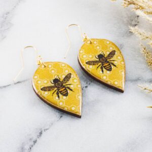 No Man’s Land – Honeycomb + Bee Leaf Drop Earrings