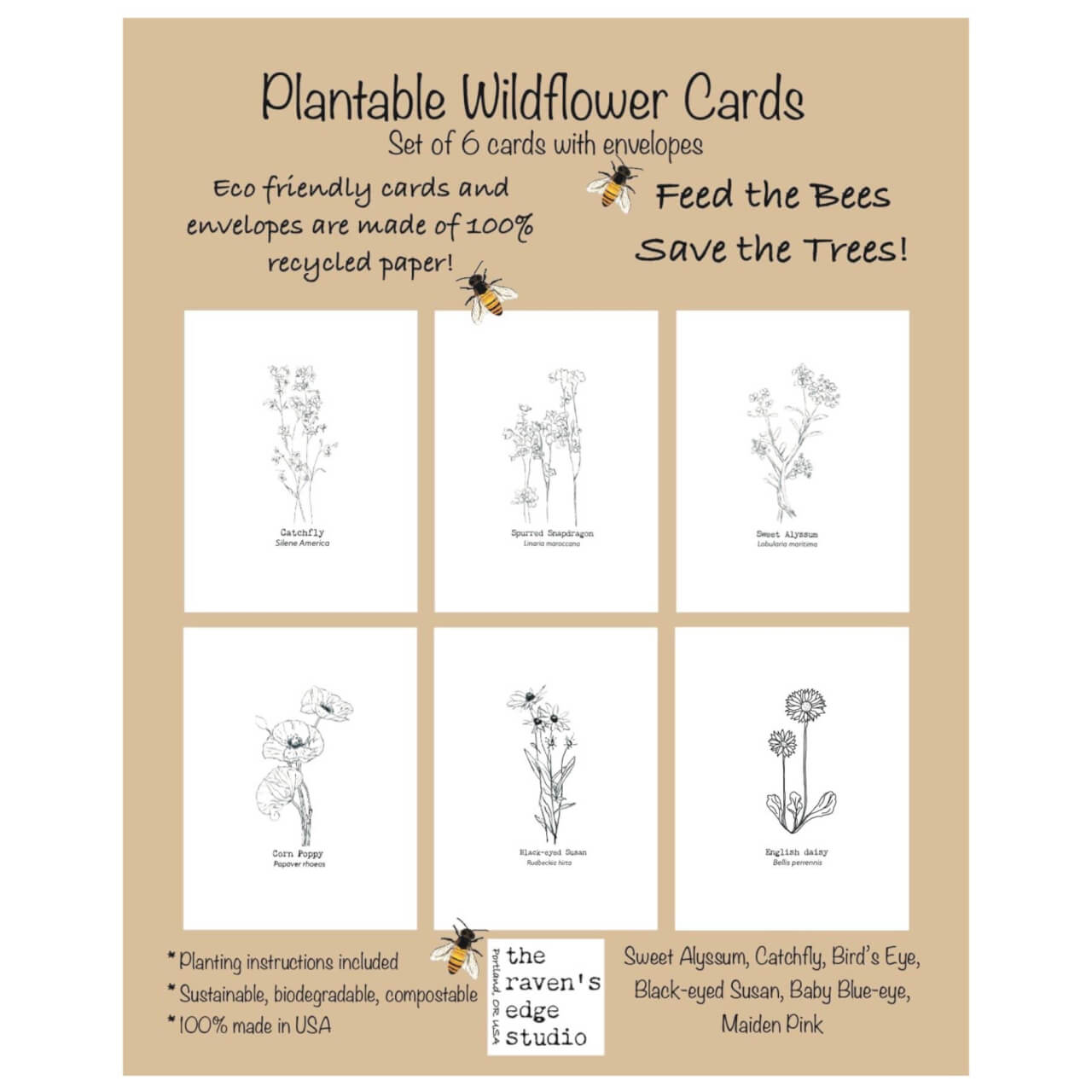 The Raven’s Edge Studio - Wildflower Seed Cards ~ Set of 6 Eco Friendly Cards