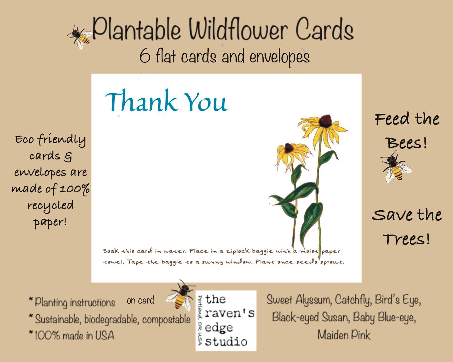 The Raven’s Edge Studio - Thank You Wildflower Seed Cards ~ Set of 6 Eco Cards, Blue
