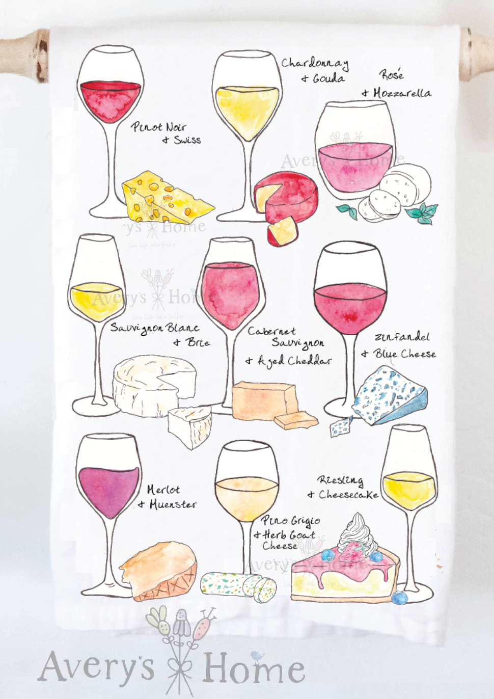 Avery's Home - Wine & Cheese Pairing for Food Lovers Kitchen Towel