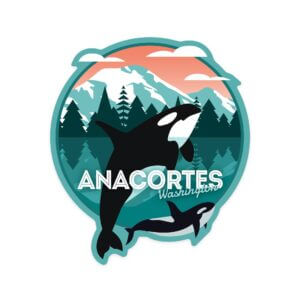 Lantern Press – Vinyl Sticker Anacortes, Washington, Orca Whale and Calf,