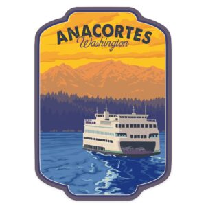 Lantern Press – Vinyl Sticker Anacortes, Washington, Ferry and Mountains