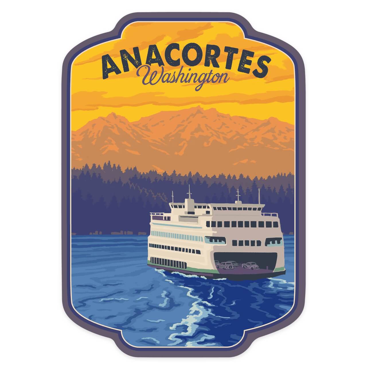 Lantern Press - Vinyl Sticker Anacortes, Washington, Ferry and Mountains