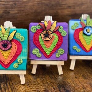 Kristen Sala Art Clay Studio – Polymer Clay Mini Canvas with Easel- Flaming Heart Milagros