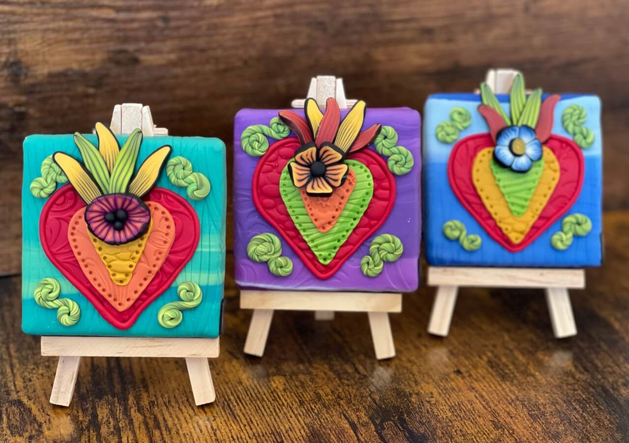 Kristen Sala Art Clay Studio - Polymer Clay Mini Canvas with Easel- Flaming Heart Milagros