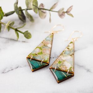 No Man’s Land – Japanese Double Triangle Earrings- Green Floral