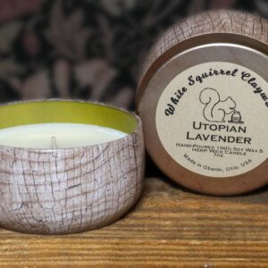 White Squirrel Clayworks – Utopian Lavender – Hand-Poured Soy Candle Wood Tin- 7oz