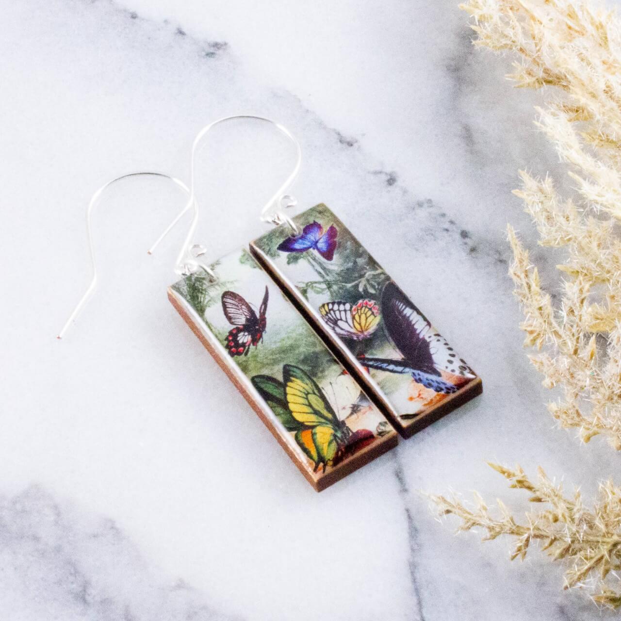 No Man's Land - Vintage Butterfly Forest Rectangle Earrings