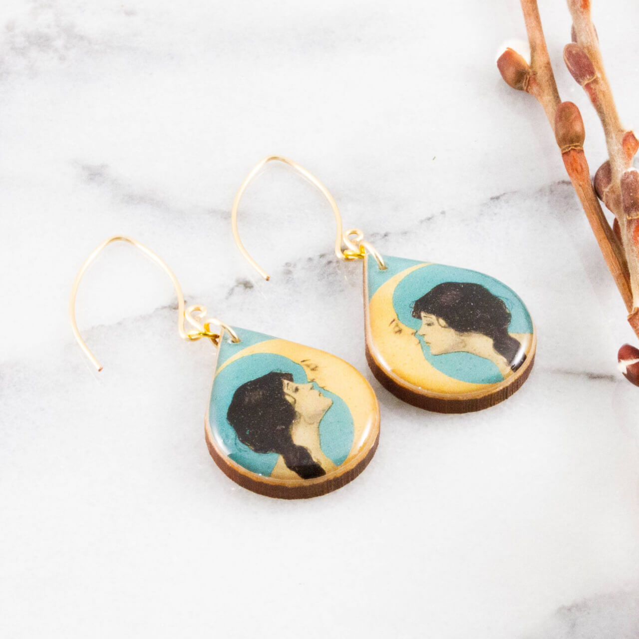 No Man's Land - Art Nouveau Girl + Moon Earrings