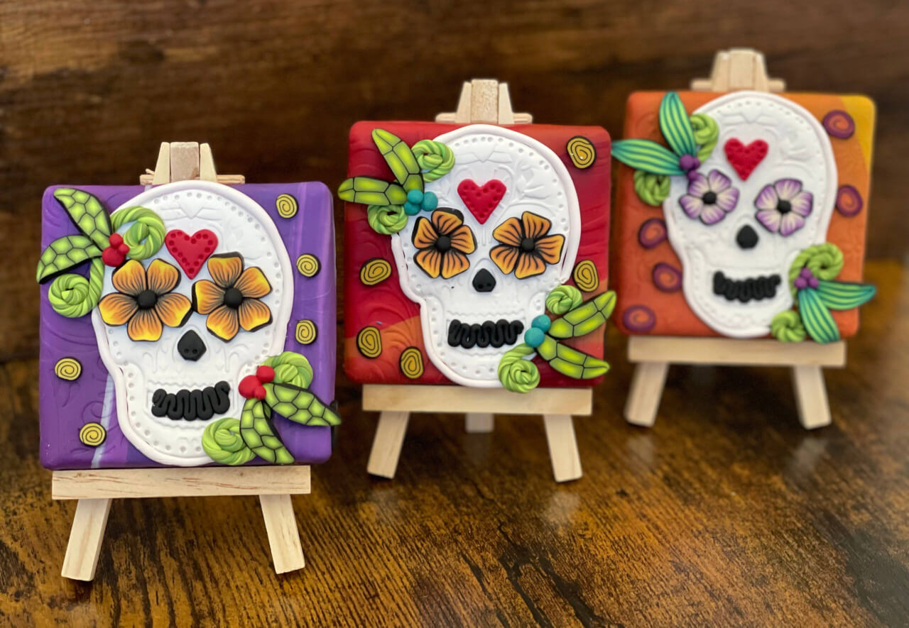 Kristen Sala Art Clay Studio - Polymer Clay Mini Canvas Art with Easel - Sugar Skulls