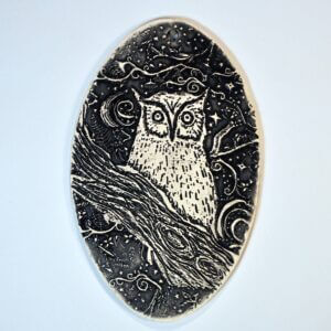 Clay Fossils black night owl, vertical